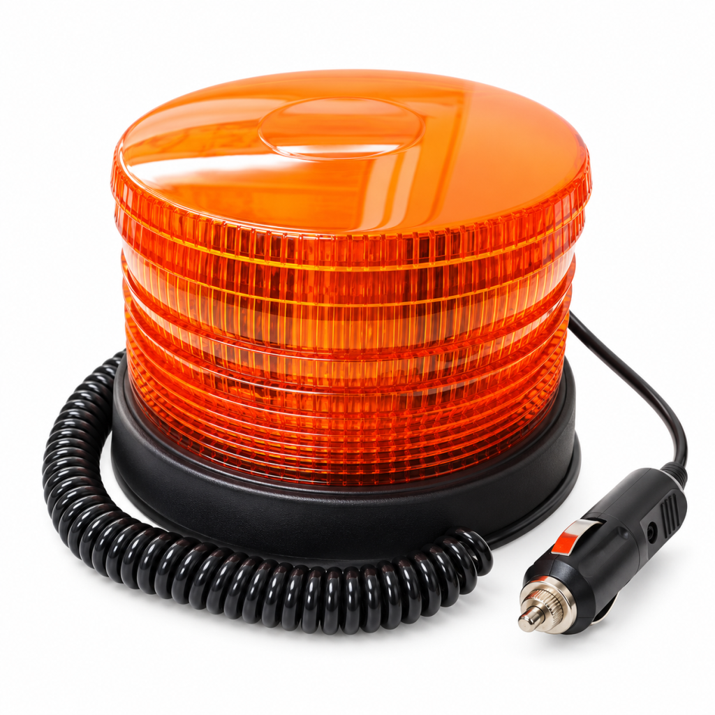 Baliza LED ámbar vehicular 12V con base magnética, cable espiral y enchufe para toma de 12V
